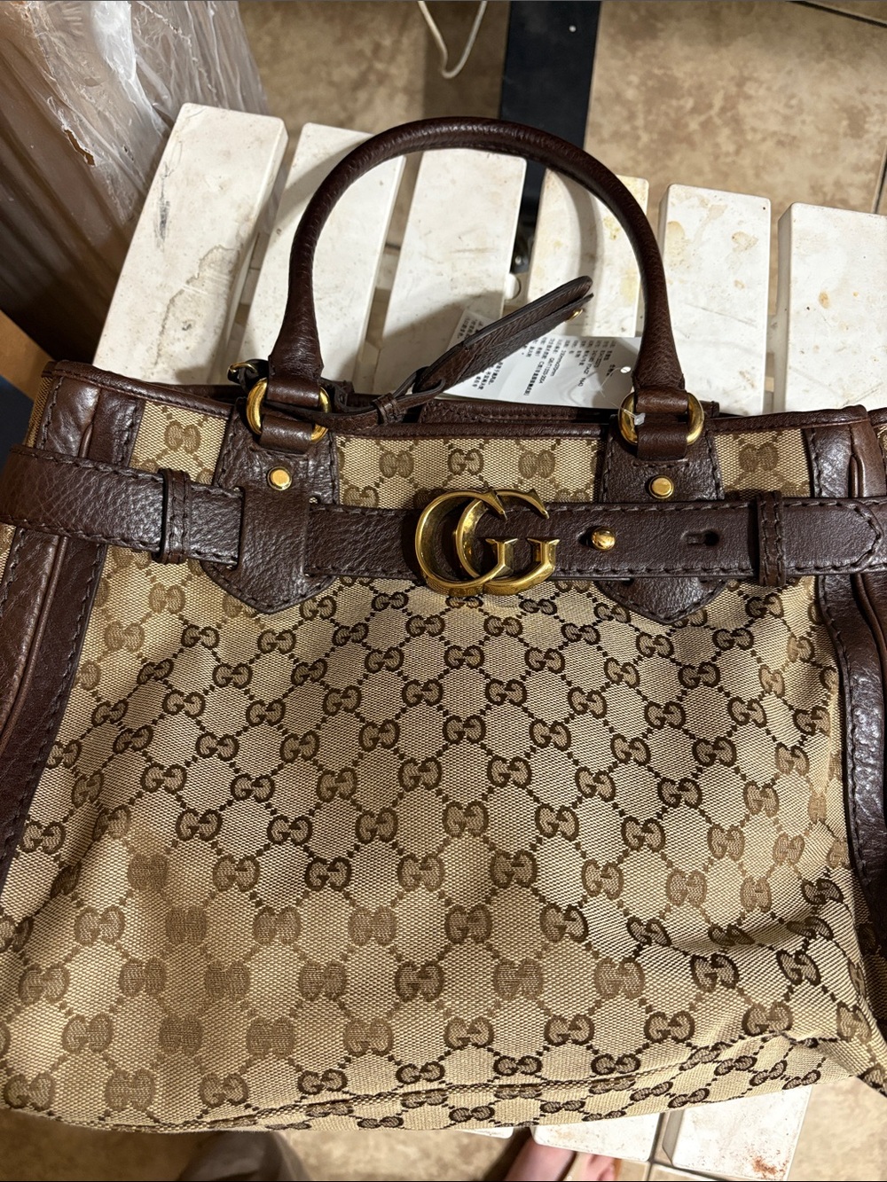 Gucci Beige GG Canvas Tote with Brown Leather Trim and Gold Hardware